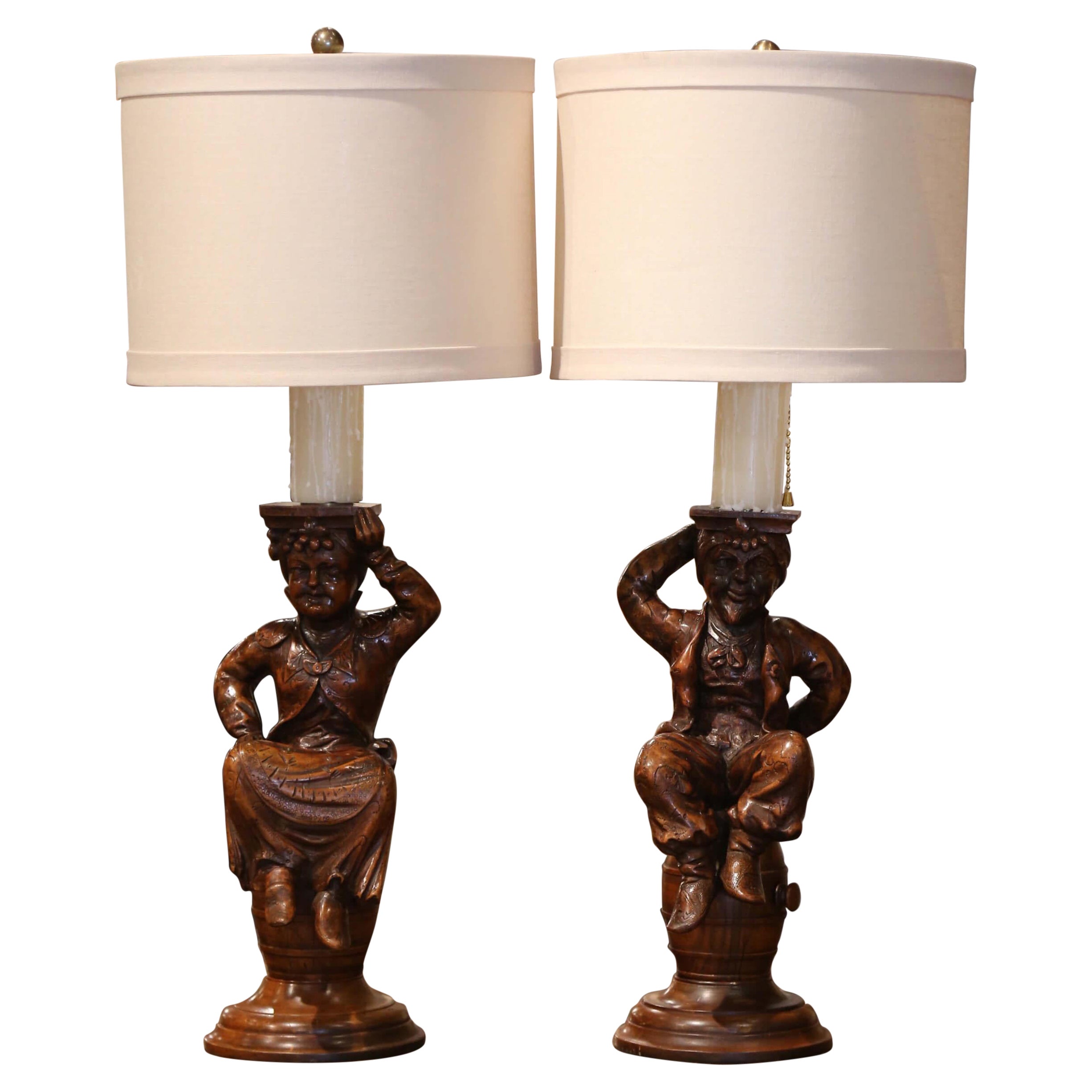 Pair of 19th Century French Carved Walnut "Cabaret Figures" Lamp Bases For Sale
