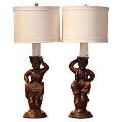Antique Pair of 19th Century French Carved Walnut "Cabaret Figures" Lamp Bases