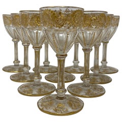 Set of 10 Antique French Val Saint Lambert Gold-Etched Crystal Cordial Glasses