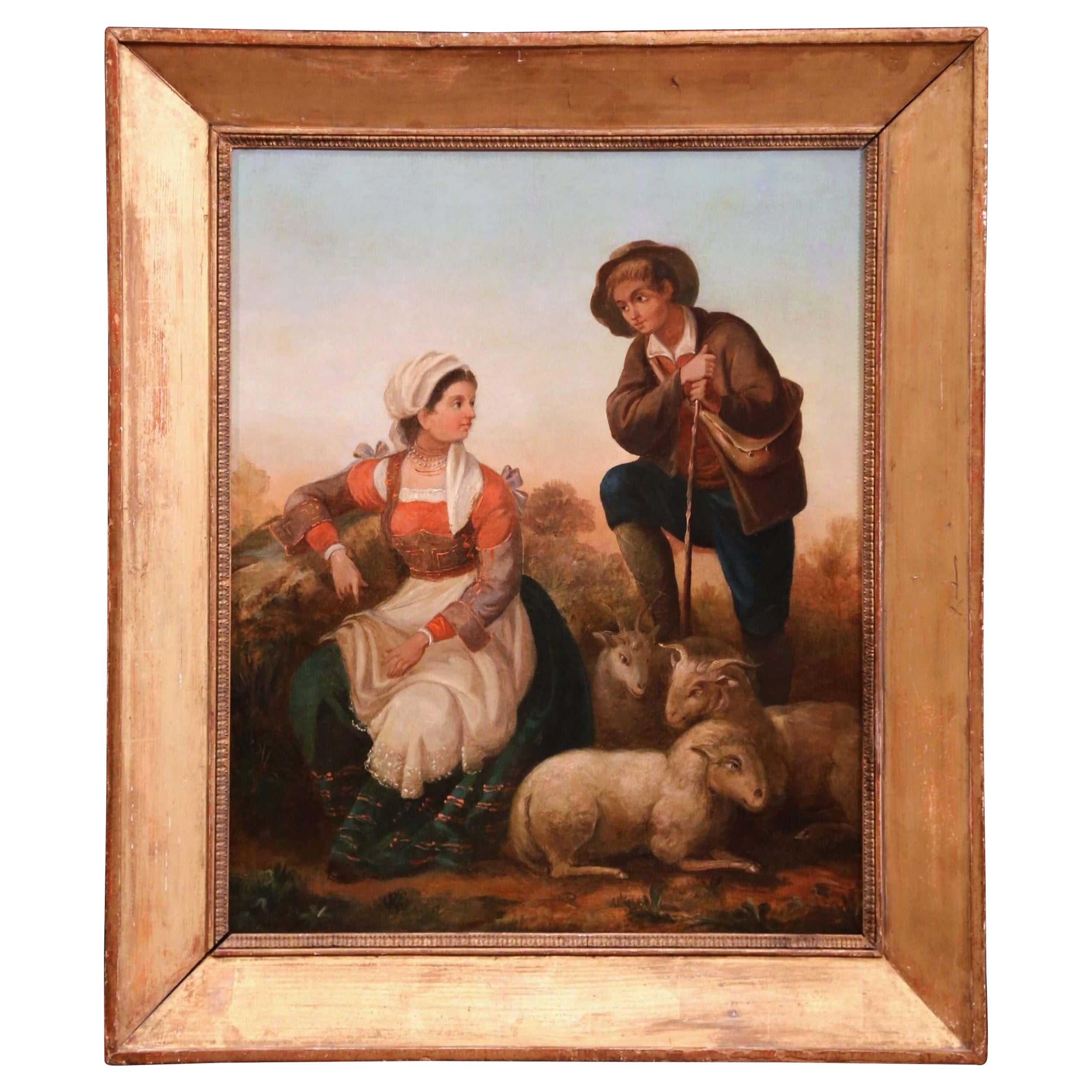 Peinture à l'huile sur toile du 19ème siècle représentant des bergers et des moutons français dans un cadre doré