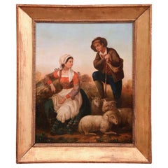 19th Century French Shepherds and Sheep Oil on Canvas Painting in Gilt Frame
