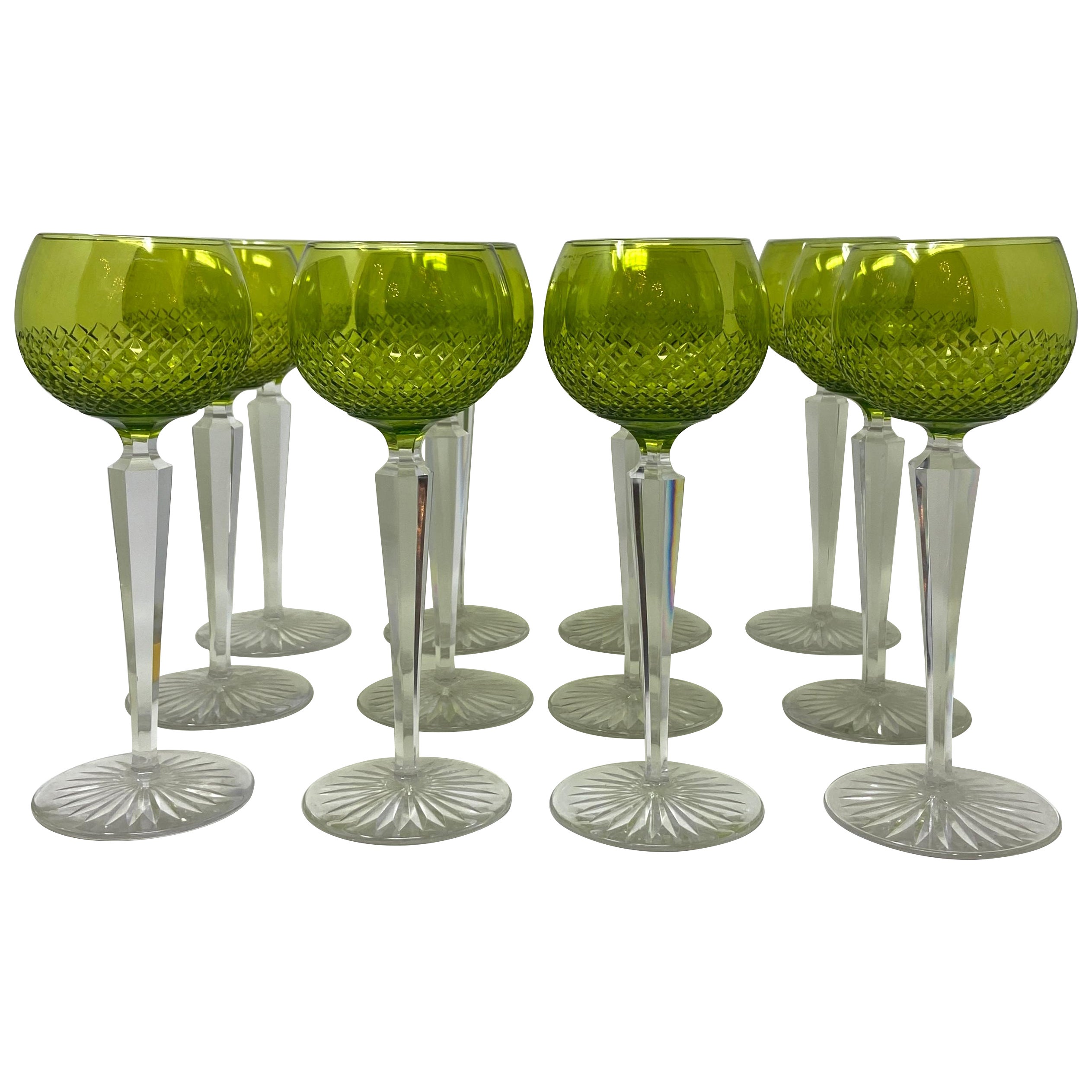 Set of 12 Antique German Green & Clear Cut Crystal Rhine Wine Glasses Circa 1900