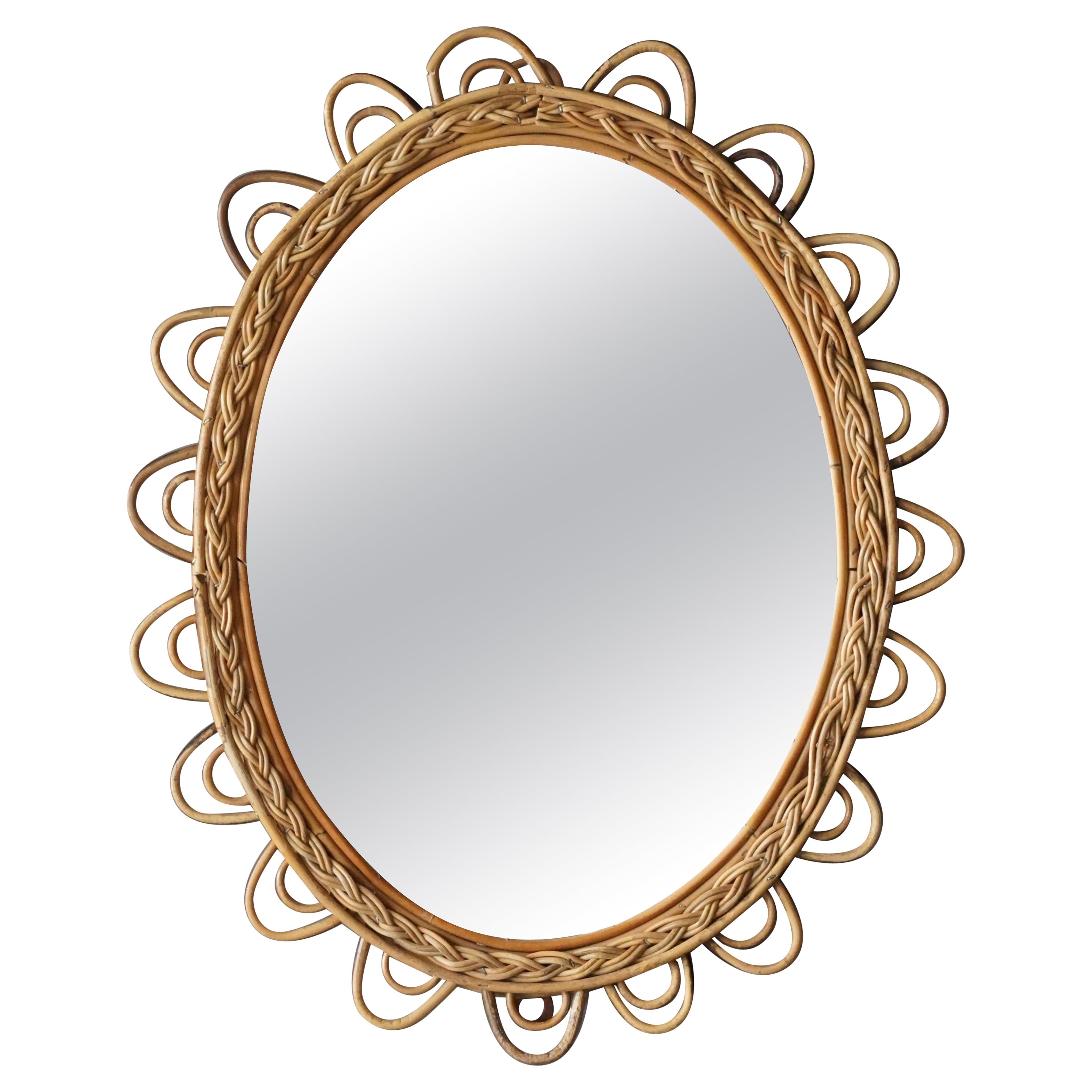 Italian Designer, Mirror, Rattan, Mirror Glass, Italy, 1950s For Sale