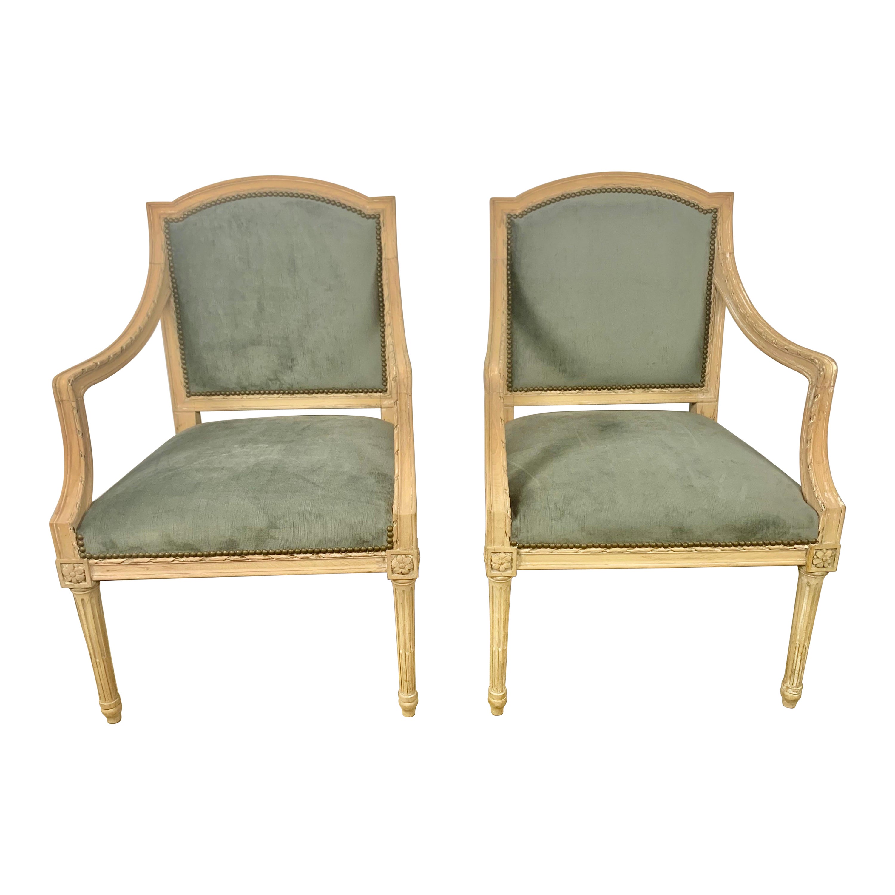 Pair of French Neoclassical Style Blue Velvet Chairs For Sale