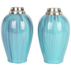 James Plant Pair Art Nouveau Silver Mounted Turquoise Streak Glazed Vases