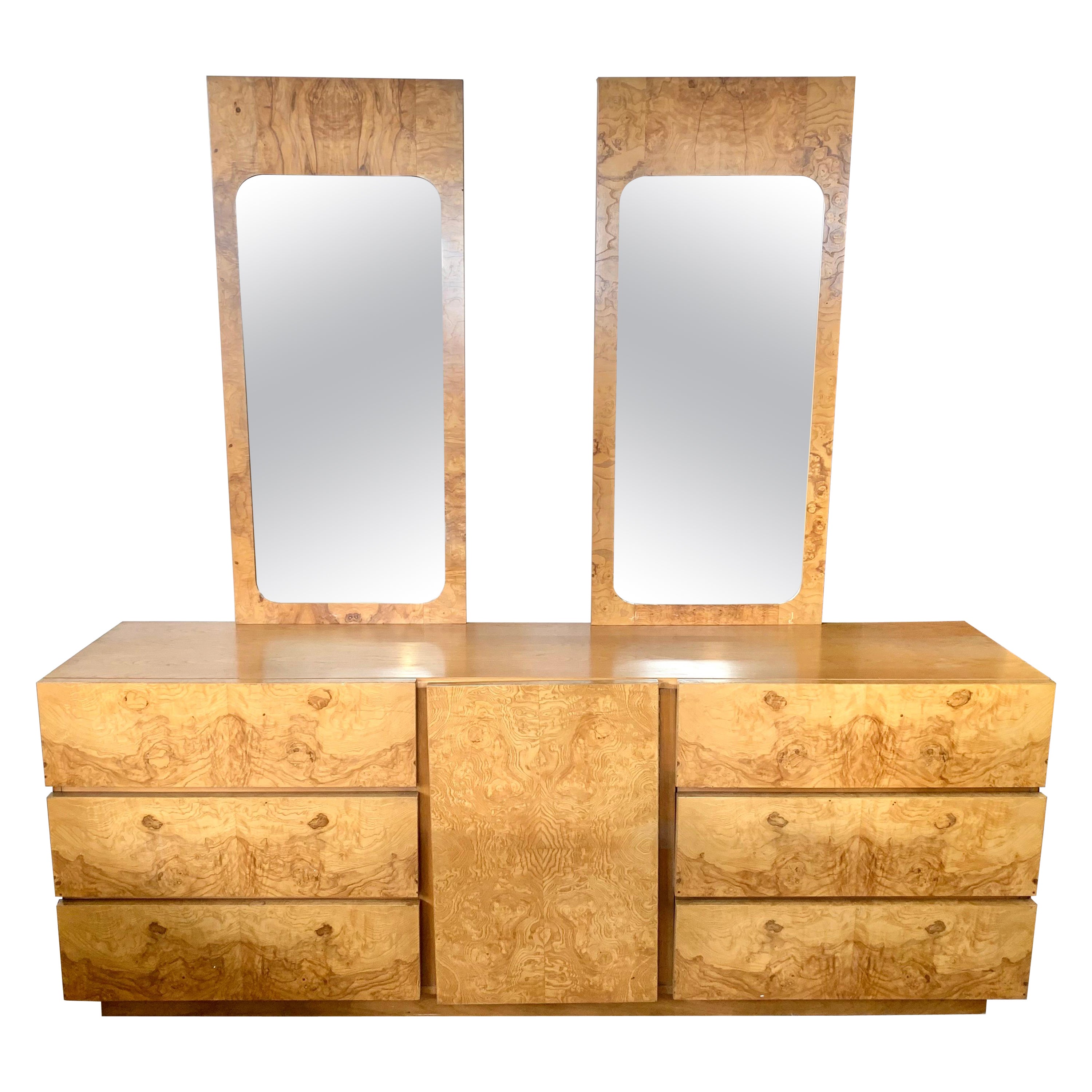 Mid-Century Modern Lane Altavista Burlwood Burl Dresser with Two Mirrors