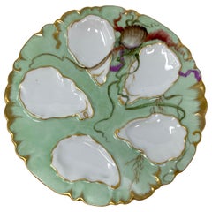 Ancienne assiette à huîtres "C.F.H:: Limoges" en porcelaine peinte de la vie marine:: ca 1880