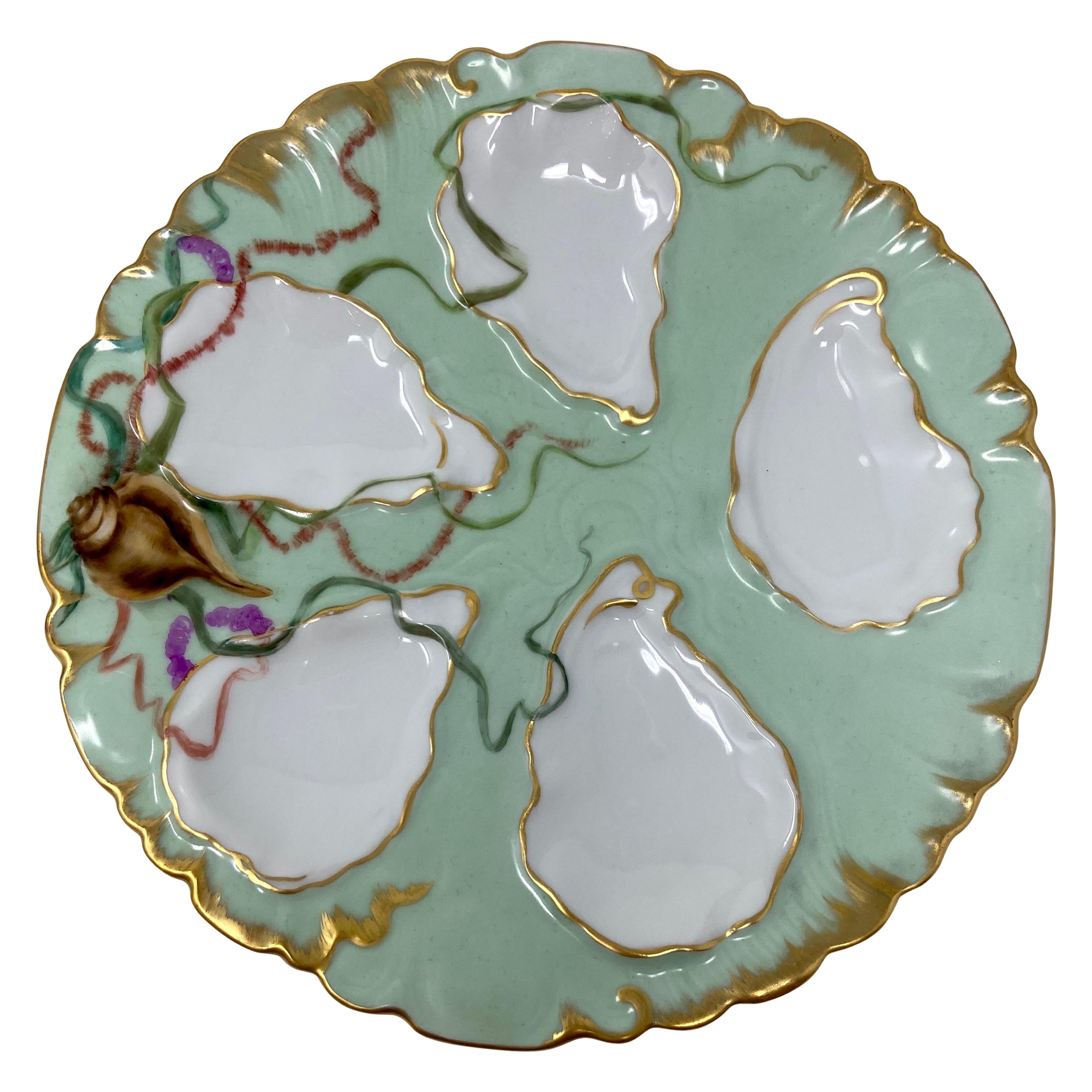 Antique French "C.F.H, Limoges" Porcelain Painted Sea Life Oyster Plate, Ca 1880