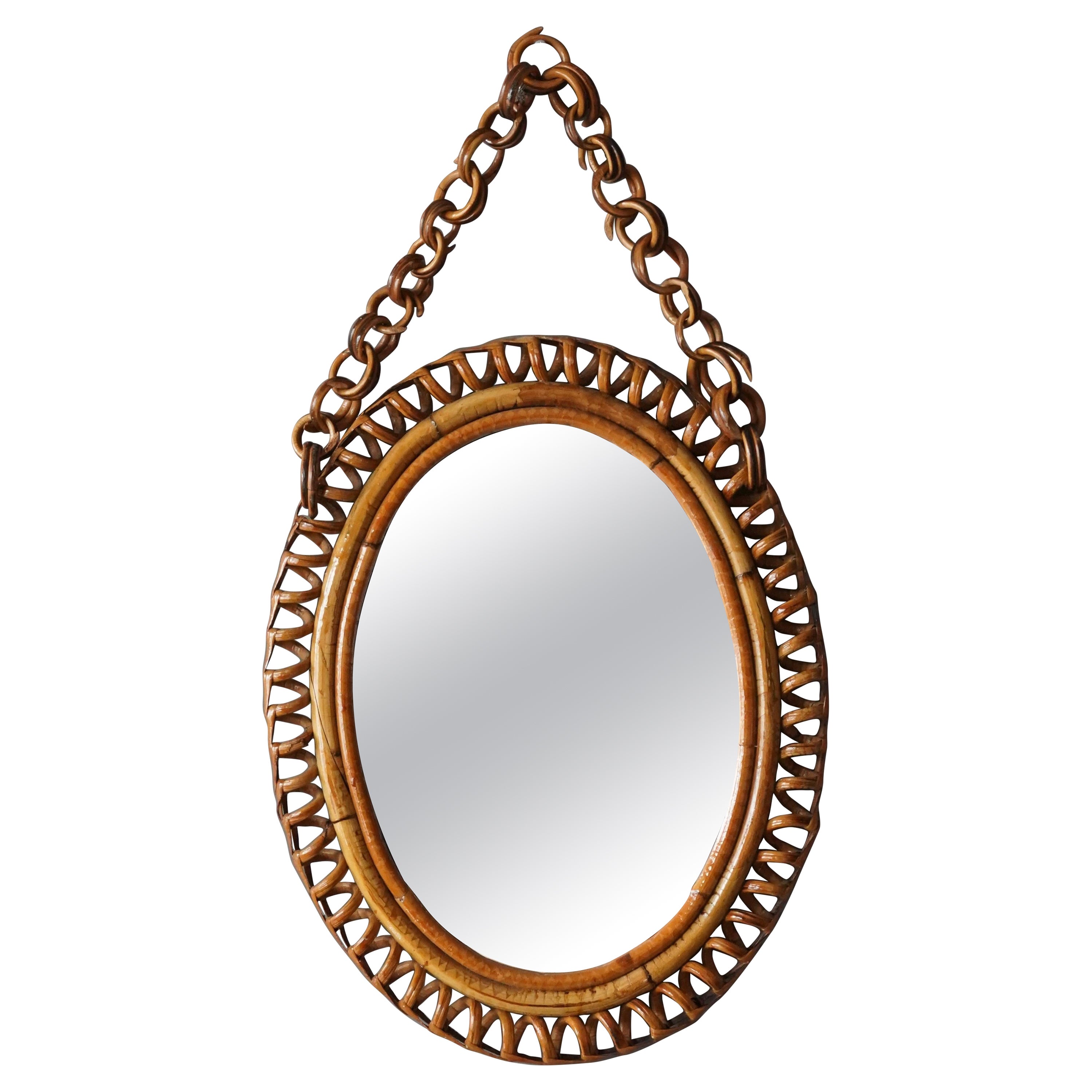 Italian Designer, Mirror, Bamboo, Rattan, Mirror Glass, Italy, 1950s