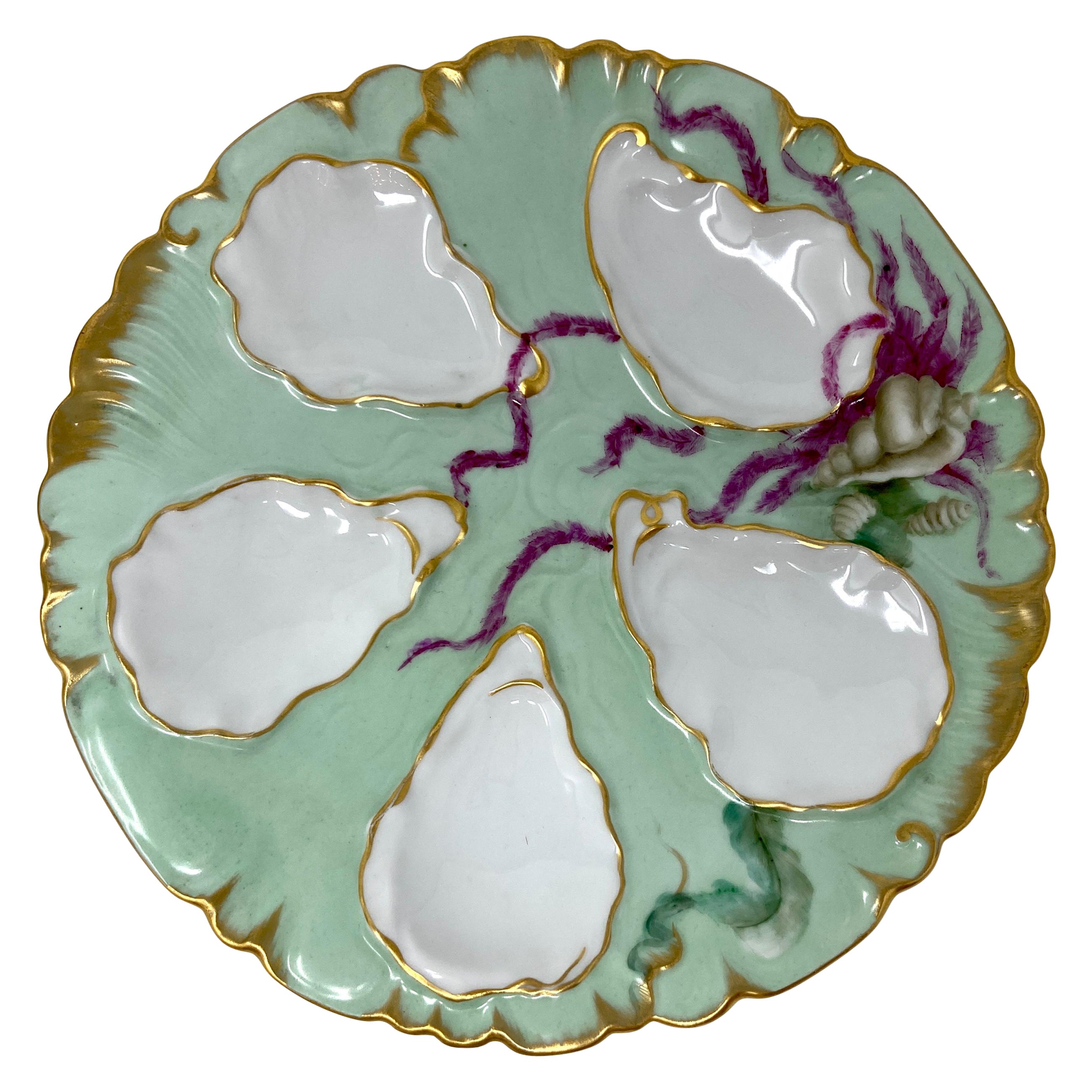Antique French "C.F.H, Limoges" Porcelain Sea Life Oyster Plate, circa 1880