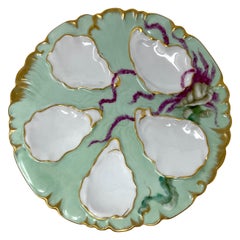 Ancienne assiette à huîtres française en porcelaine de Limoges « C.F.H, Limoges » avec motifs marins, vers 1880