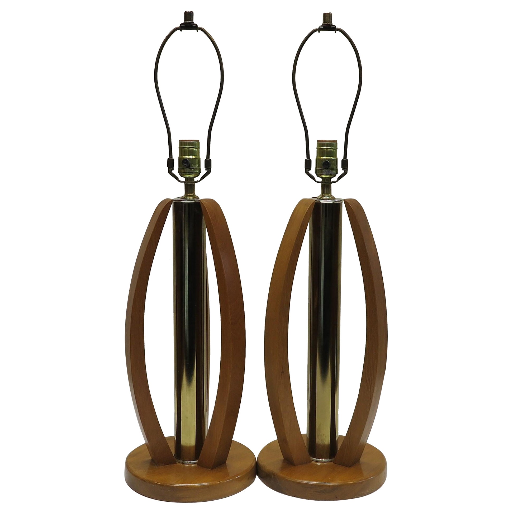 Pair of Mid-Century Modern Brass and Wood Table Lamps For Sale