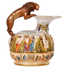 Antique Italian Porcelain Capodimonte Porcelain Lion Handle Pitcher Jug, 1880