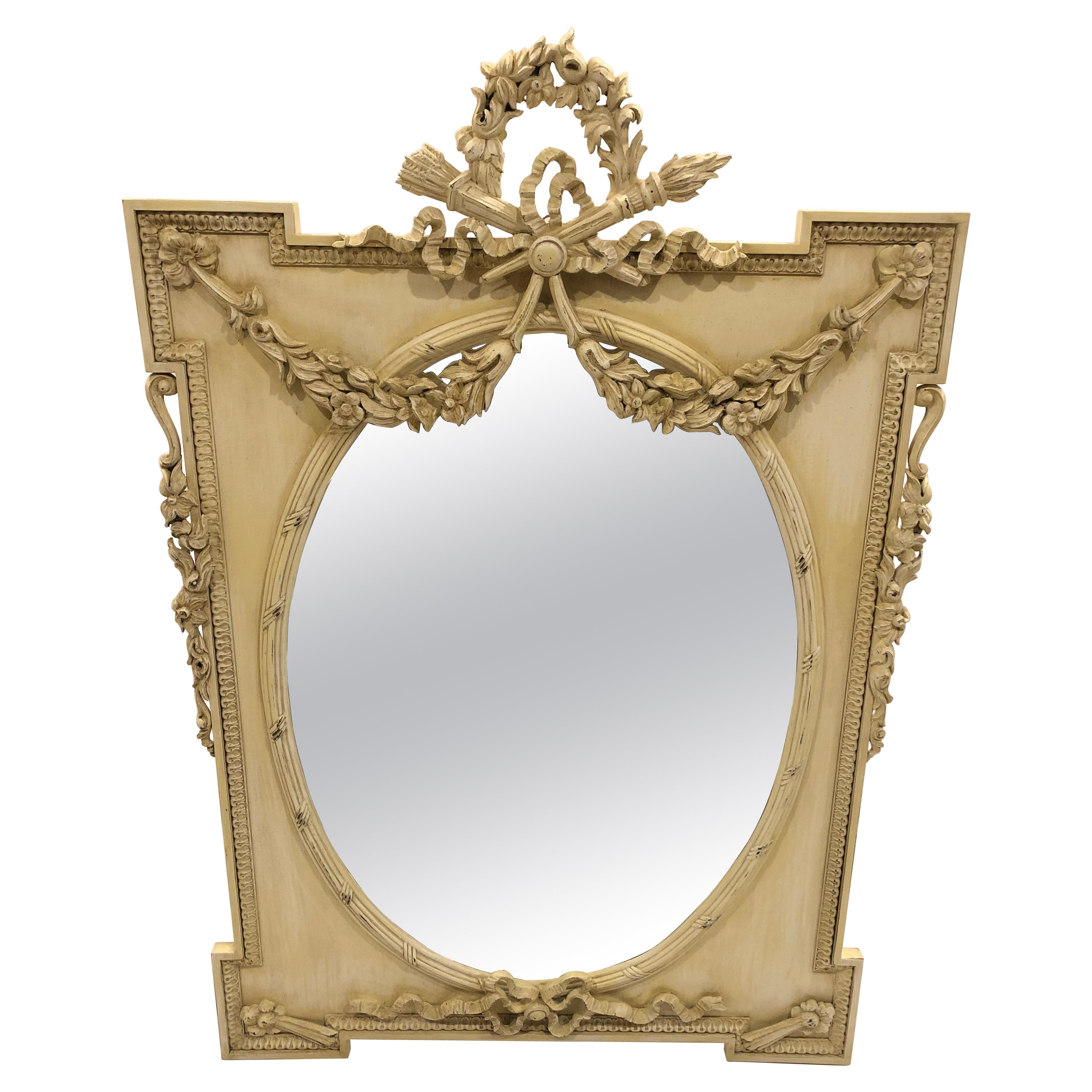 Monumental Intricately Carved Cream Painted French Style Mirror For Sale