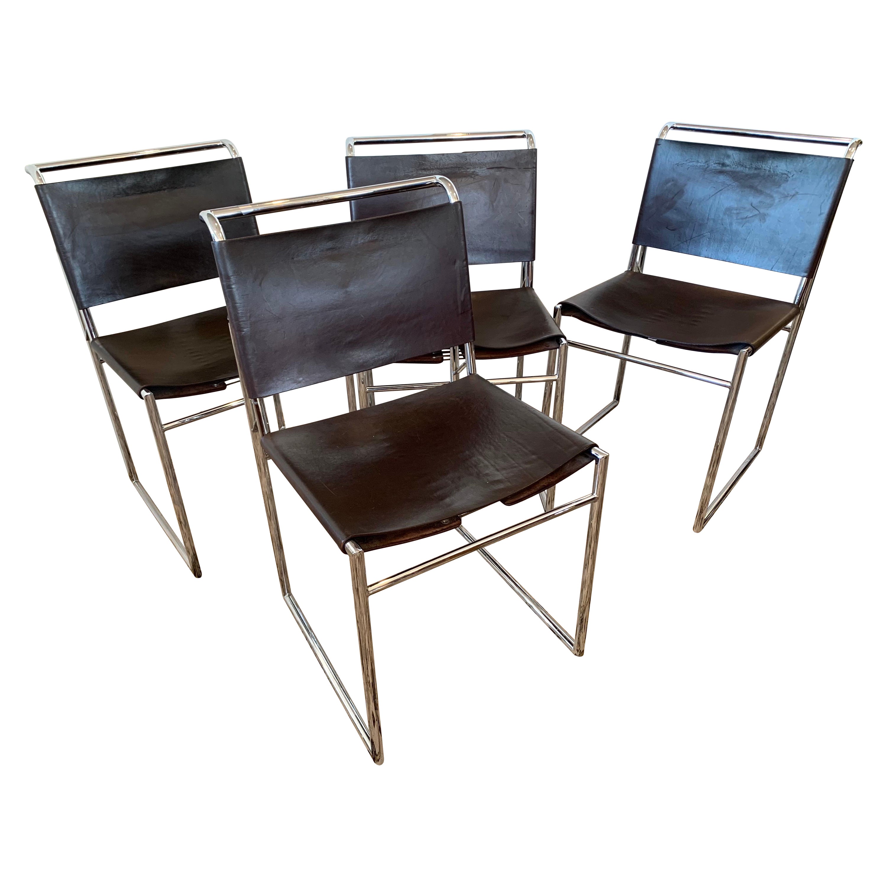 Marcel Breuer Mid Century Chrome and Leather B-40 Corset Chairs, Set of 4