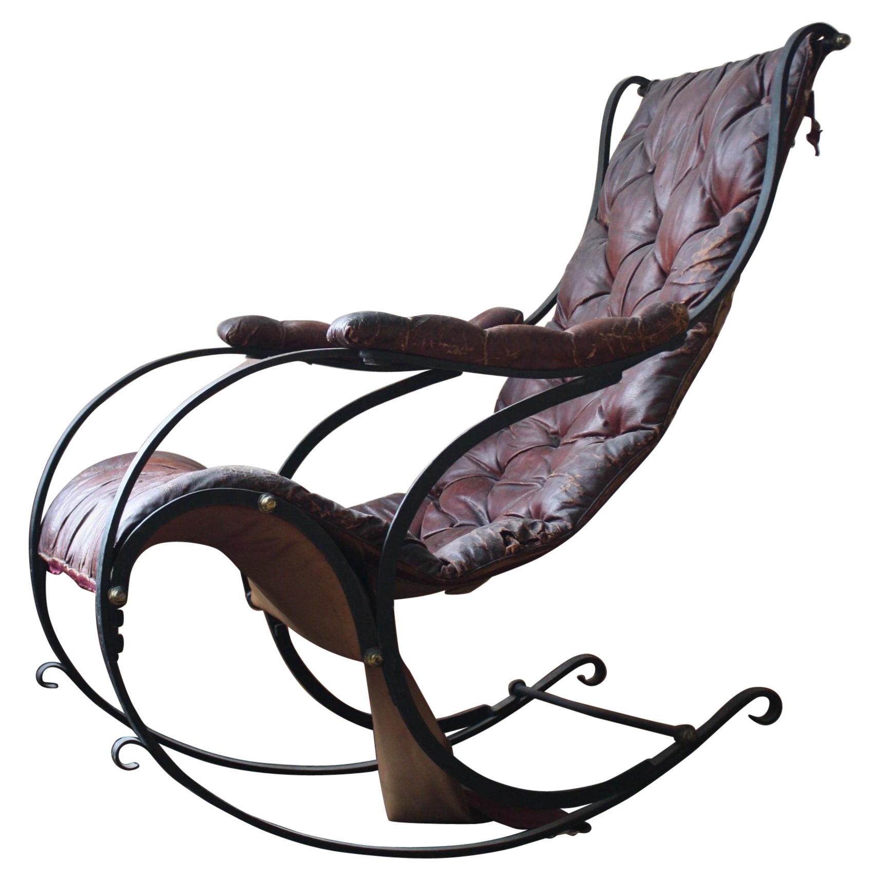 19th C Country House Campaign Ox Blood Leather Iron Rocking Chair R.W. Winfield For Sale