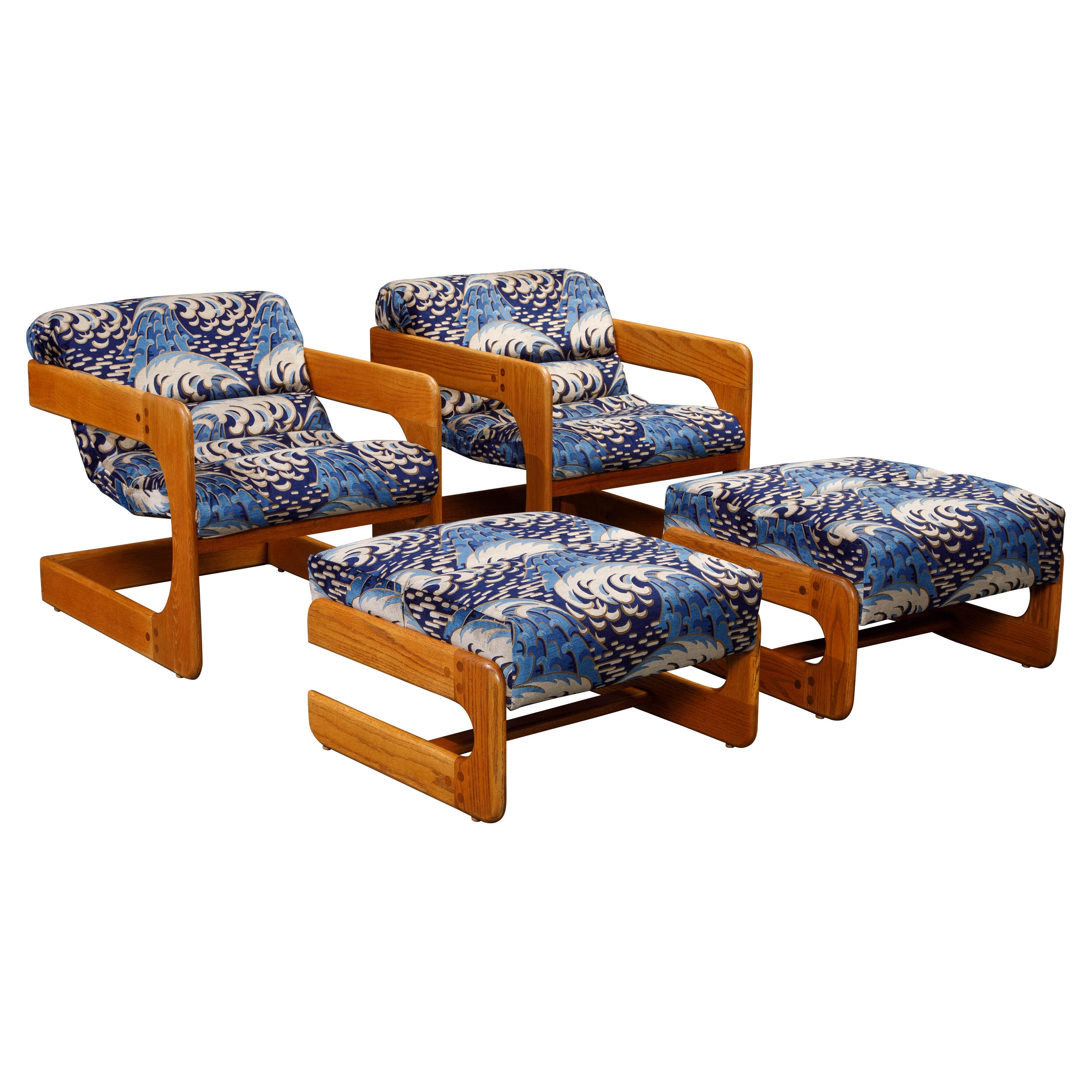 Pair of California Modern Lou Hodges Lounge Chairs and Ottomans, 1979, Signed For Sale