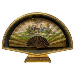 Antique French Hand-Painted Fan with Gold Bronze Guards in Shadow Box, Ca 1850's