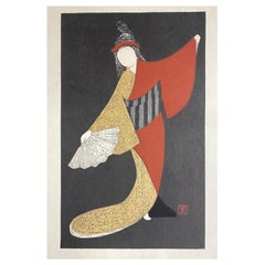 Kaoru Kawano Japanese Woodblock Print Dancer Figure with Fan 'Mai Ogi'