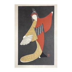 Kaoru Kawano Japanese Woodblock Print Dancer Figure with Fan 'Mai Ogi'