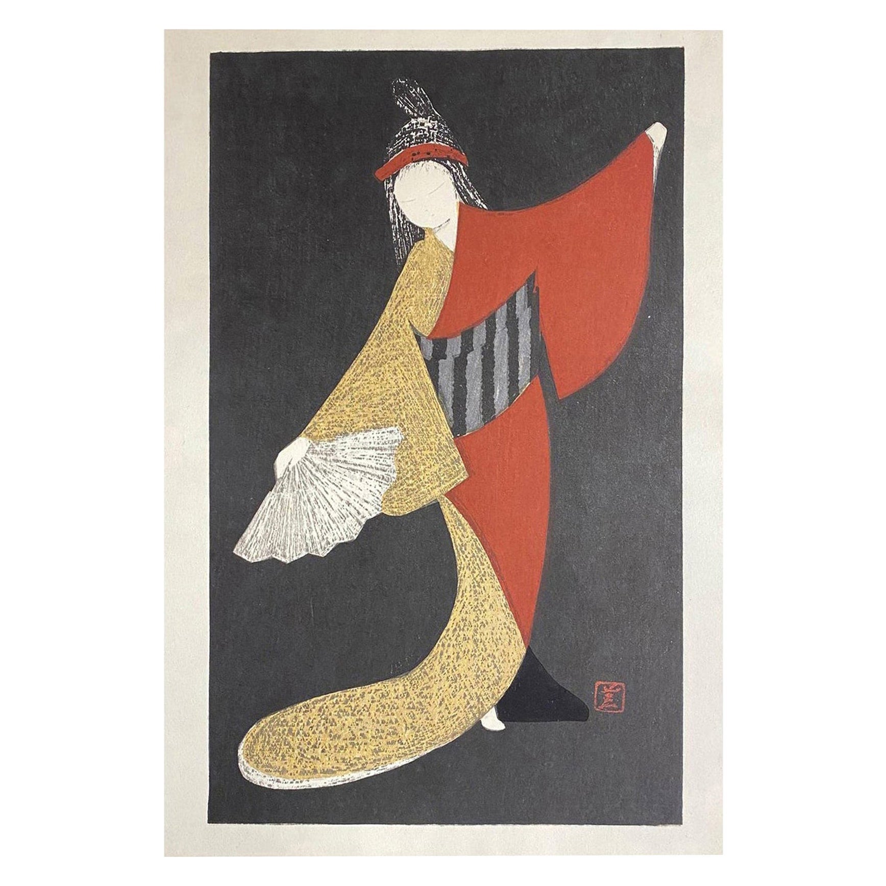 Figure de danseuse japonaise Kaoru Kawano imprimée sur bois avec éventail « Mai Ogi » en vente