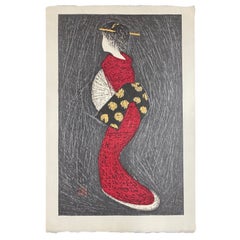 Vintage Kaoru Kawano Japanese Woodblock Print of Dancing Geisha Figure 'Eshima'