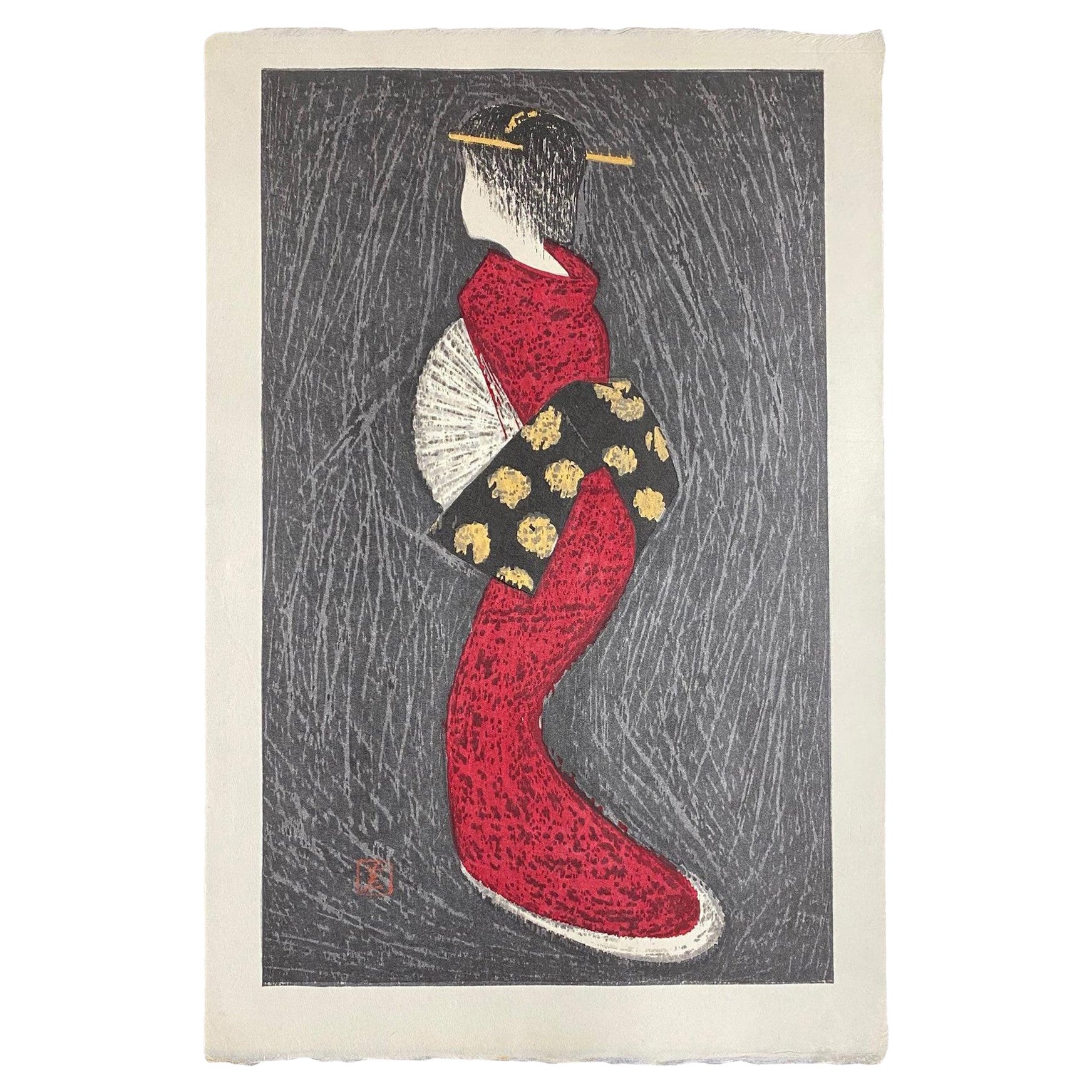 Kaoru Kawano Japanese Woodblock Print of Dancing Geisha Figure 'Eshima' For Sale