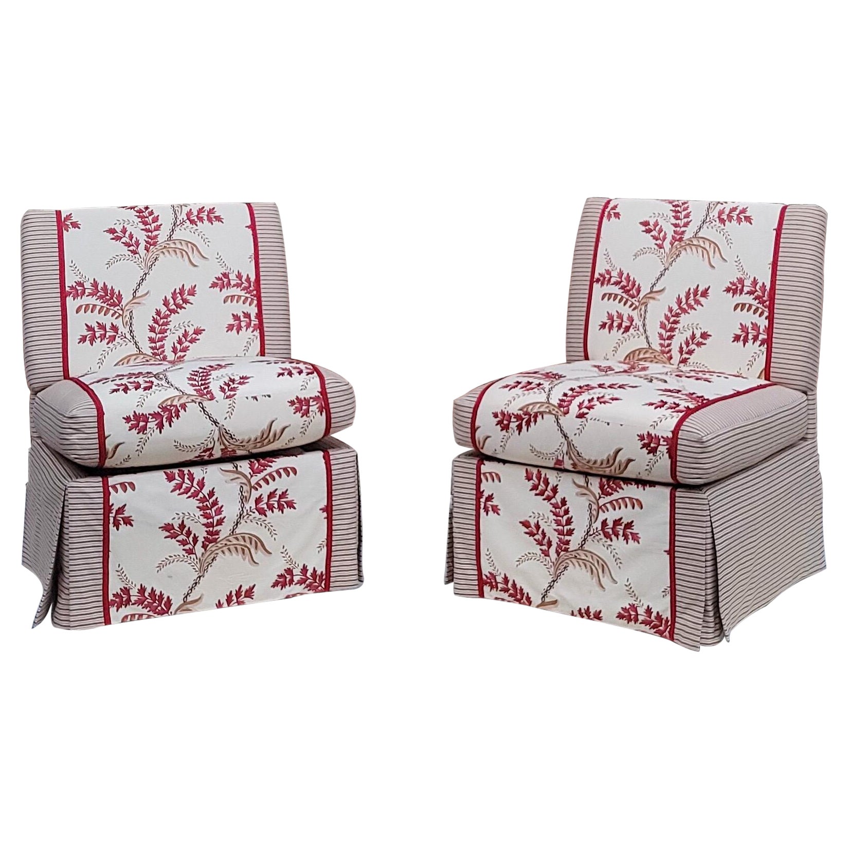 Custom Emroidered Linen Upholstered Slipper Chairs in Red and Neutrals