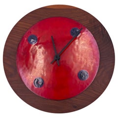 Vintage American Mid-Century Modern Enamel on Copper with Walnut Frame Wall Clock