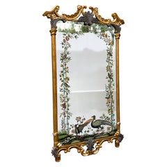 1970s Monumental Italian Giltwood Eglomise Mirror with Birds by LaBarge