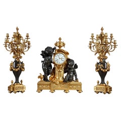 Gilded & Patinated Bronze "Putti" Clock Set Signed P. Roussel, France, c. 1880