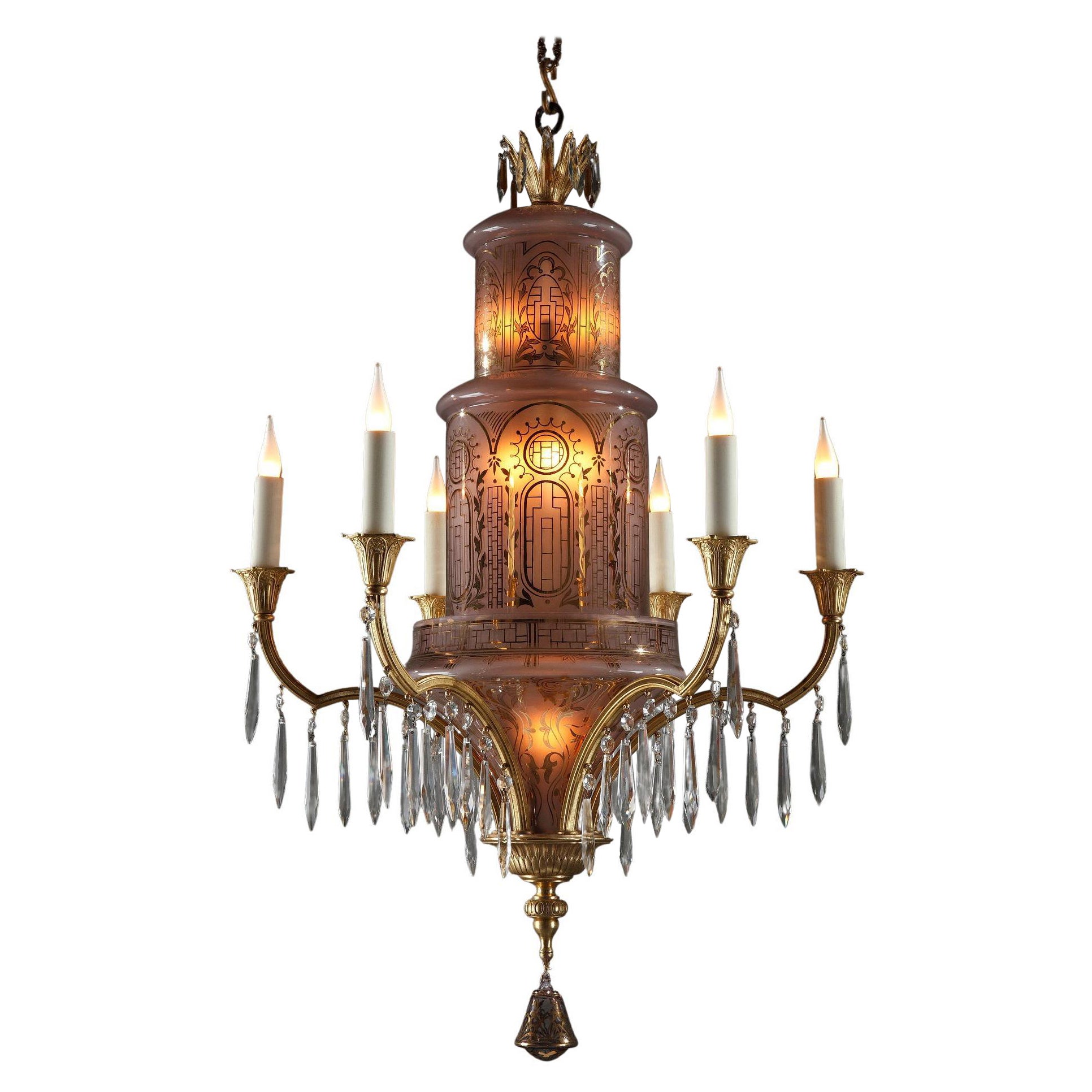 Oriental Style Crystal and Gilded Bronze Chandelier, France, circa 1900 For Sale