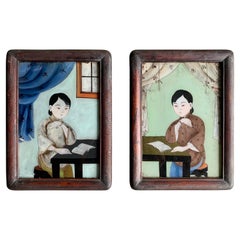 Antique Pair of Chinese Reverse Glass Paintings, Early 20th Century