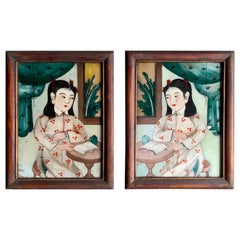 Antique Pair of Chinese Reverse Glass Paintings, Early 20th Century