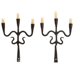 Pair of Spanish 18th Century Hand-Forged Iron Wall Candleholders / Sconces