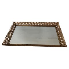 Large Vintage Filigree Apron Vanity or Serving Brass Mirror Tray