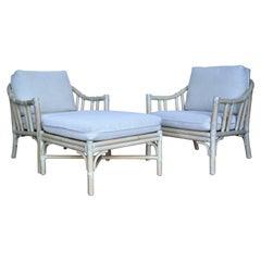 Cerused Rattan Large Lounge Chairs and Ottoman by McGuire