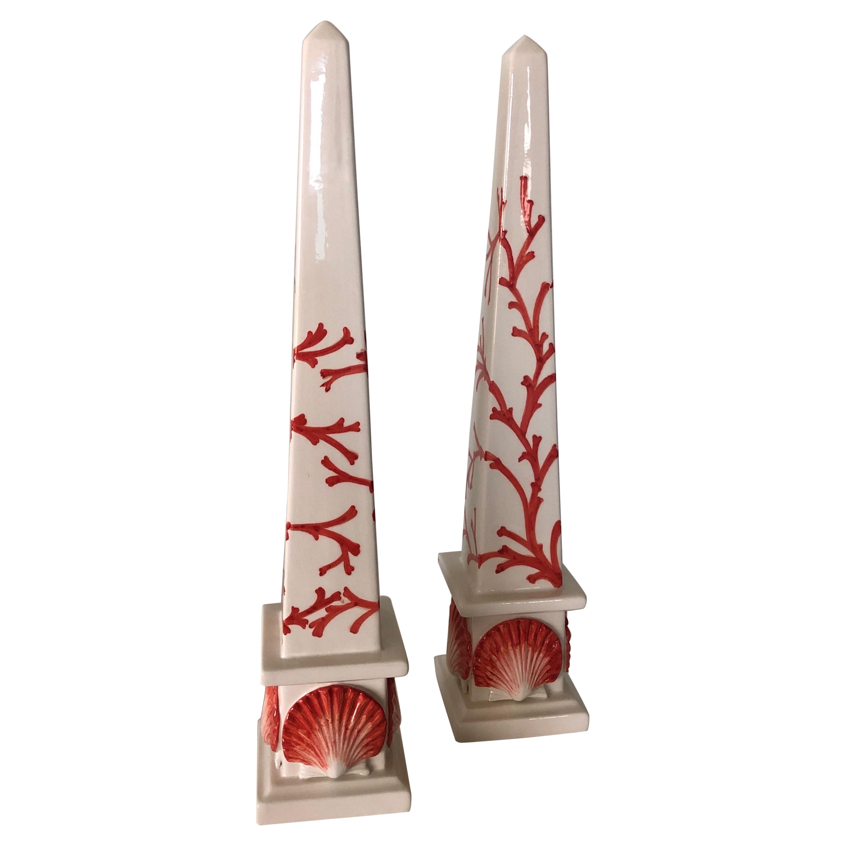 Pair of Coral Orange and White Decorative Obelisks