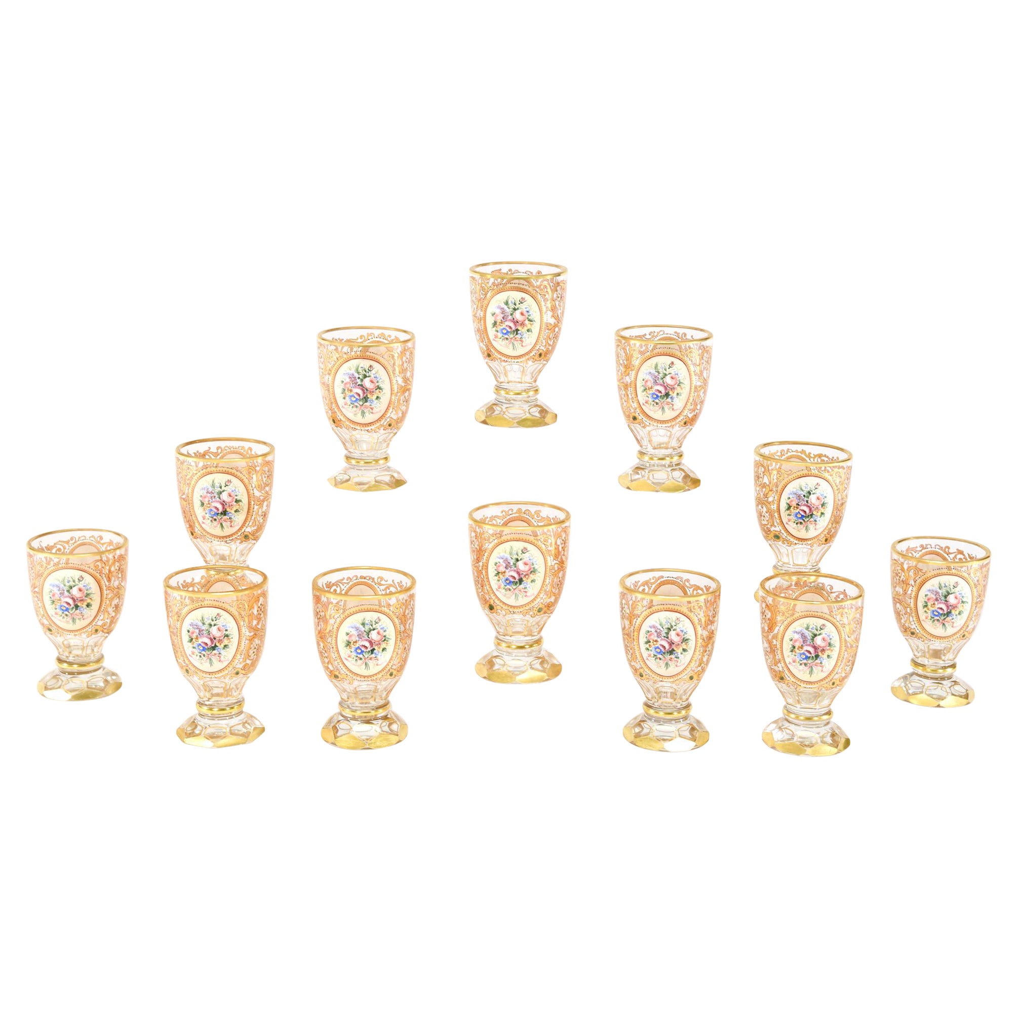 12 Bohemian 19th Century Crystal Tumblers with Polychrome Enamel Reserves Gold