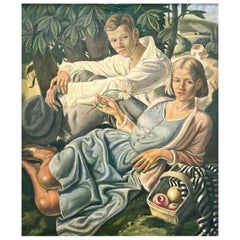 "Couple with Apples," Charming World War II-Era Oil on Canvas Painting, Sweden