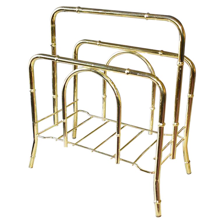 Chinoiserie Faux Bamboo Brass Magazine Rack, Mid 20th Century For Sale