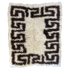 Used Natural Flokati Shag Rug with Greek Key Detail