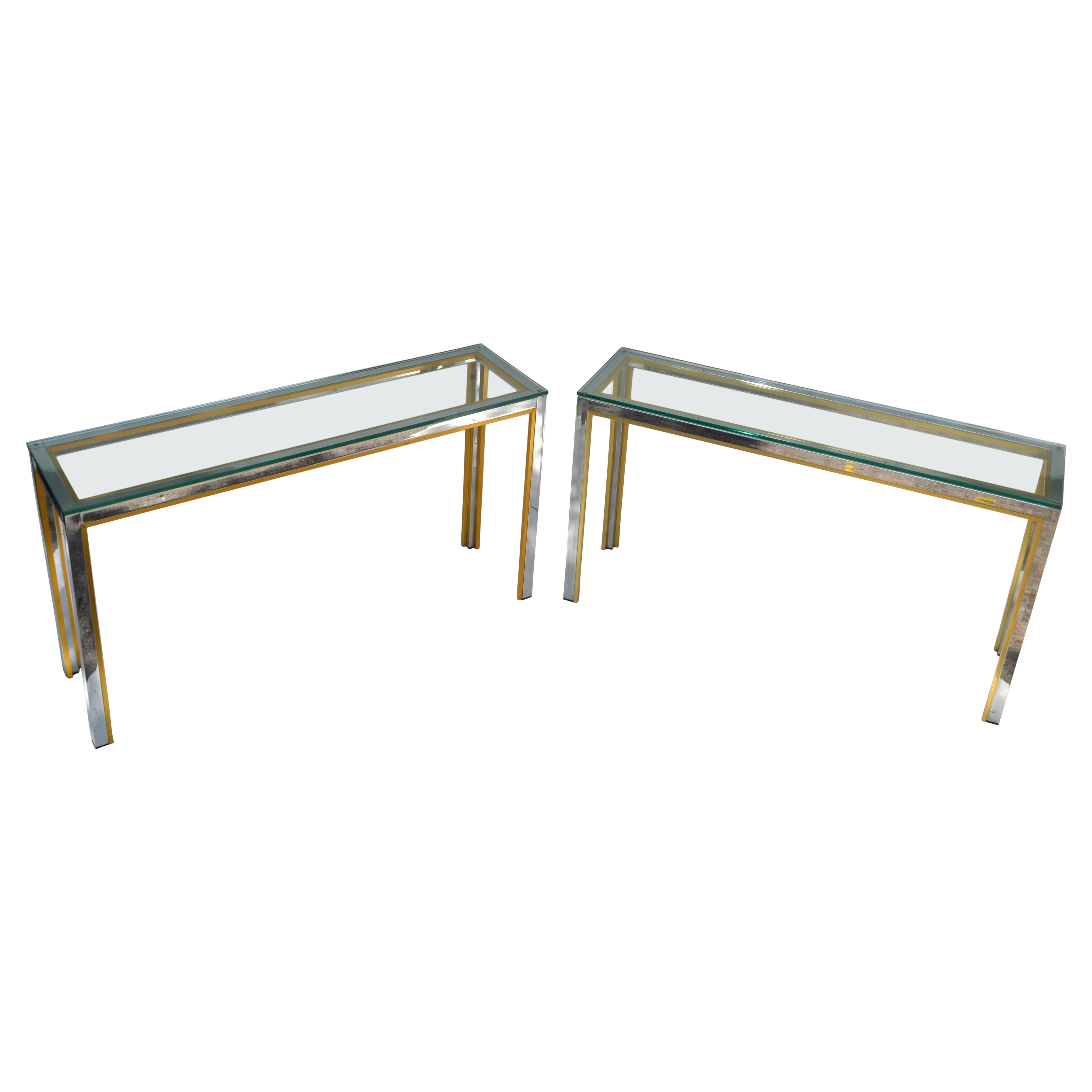 Pair of Consoles, Hallway Tables by Zilli in Chrome & Brass with Clear Glass Top For Sale