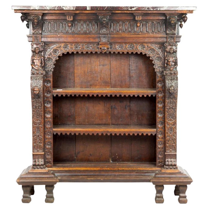 19th Century Continental Renaissance Style Carved Oak Bookcase with Marble For Sale