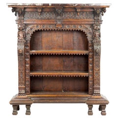 19th Century Continental Renaissance Style Carved Oak Bookcase with Marble