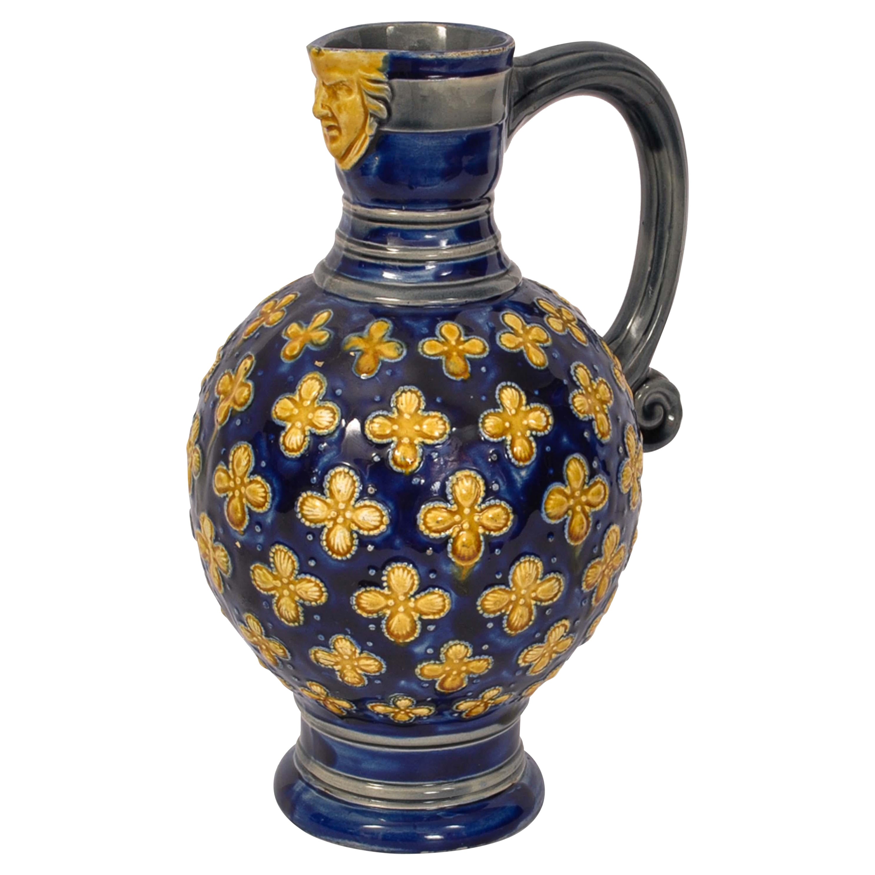 Antique English Minton Majolica Pottery Blue Pottery Beer Jug Pitcher 1870 For Sale
