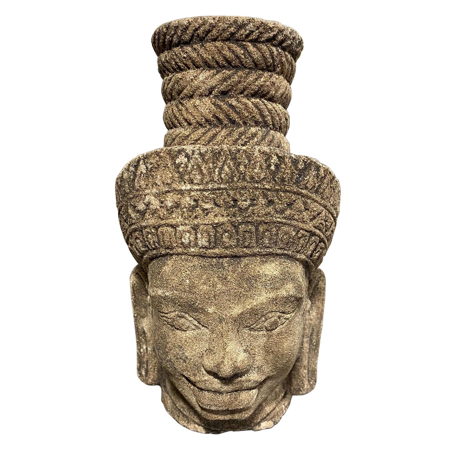Asian Khmer Cambodia Stoned Carved Head Bust of Male Buddhist Buddha Shiva Deity For Sale