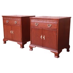 Retro Baker Furniture Georgian Carved Mahogany Nightstands, Newly Refinished