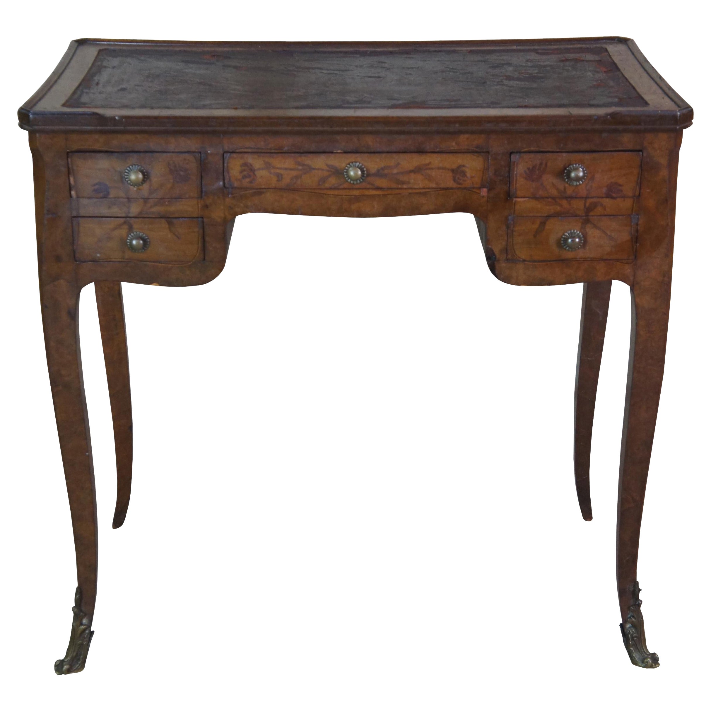 Antique French Louis XV Walnut Ormalu Inlaid Ladies Library Vanity Writing Desk 