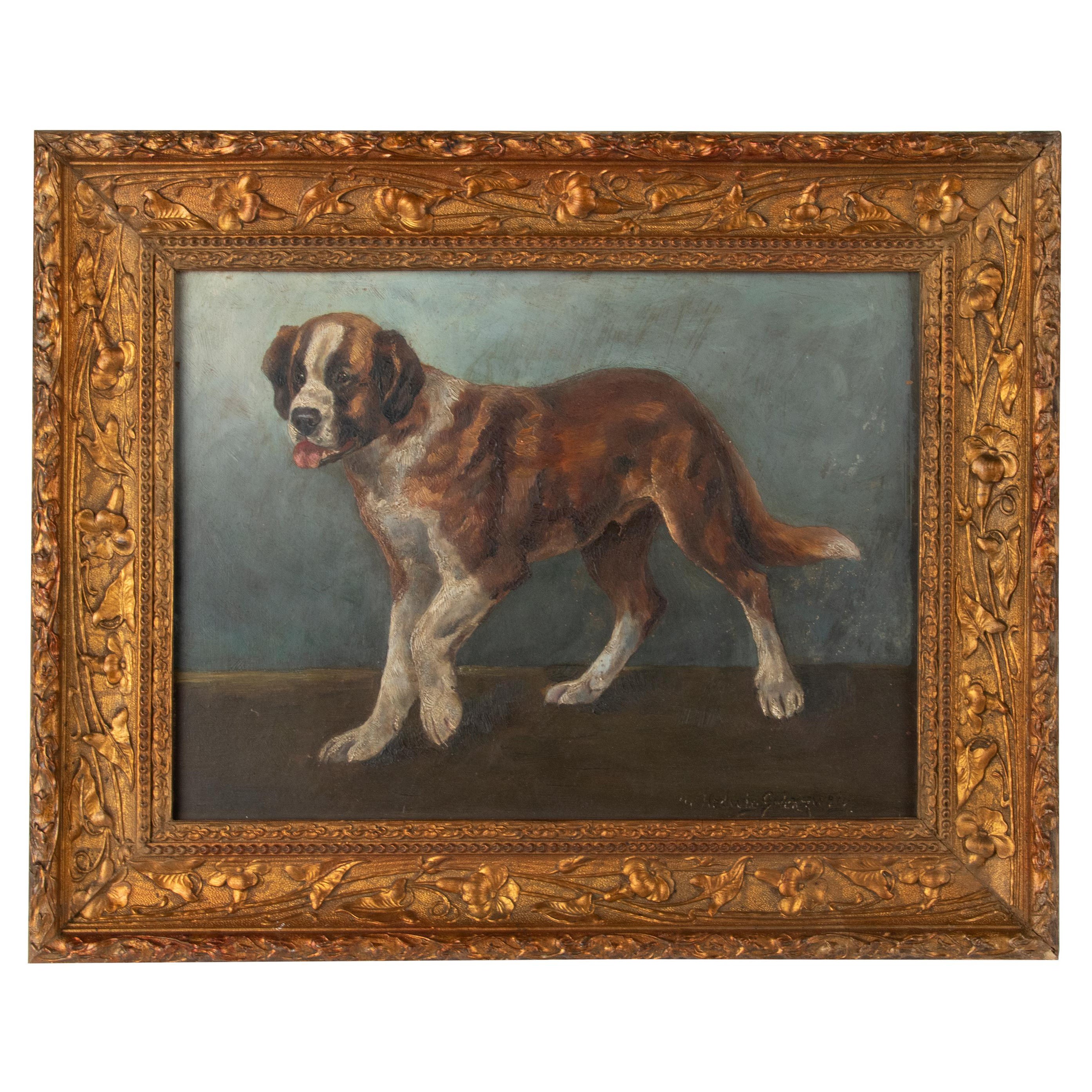 Early 20th Century Oil Painting St Bernard Dog, Hedwig Grünzweig